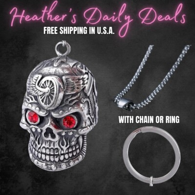 Biker Skull Red Eyes Motorcycle Ride Gremlin Bell Luck Hanger Key Chain Ring