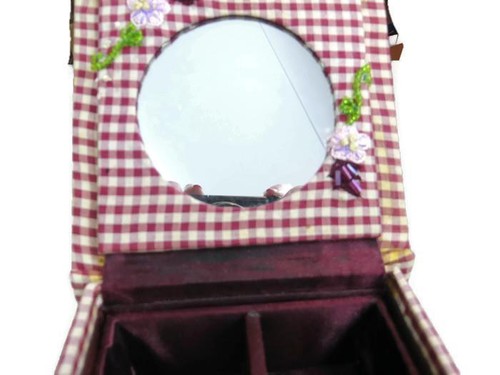 Jewelry Box Red White Plaid Beads Flowers Fruit Mirror Storage Slots - Picture 3 of 6