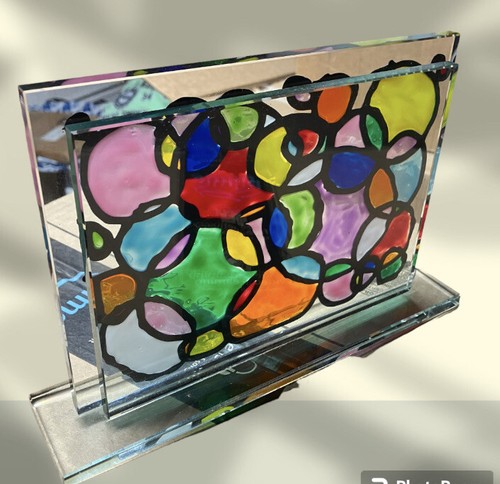 RARE ART GLASS STAND ALONE DOUBLE PANE HAND PAINTED SUN CATCHER MULTI COLOR - Picture 3 of 7
