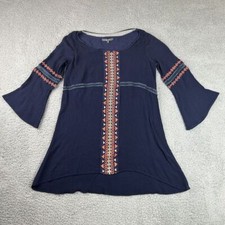 Miss Me Dress Womens Medium Navy Tunic Boho Embroidered Boat Neck Aztec Print