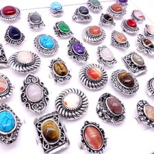 Wholesale 24pcs Mix Women Vintage Jewelry Silver Plated Stone Rings Resizable