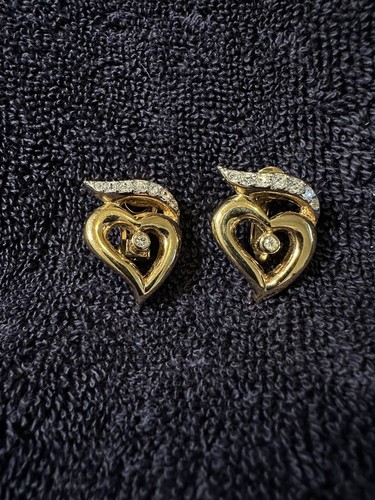 Vintage Paris Designer Andre Courreges Rhinestone Gold Tone Heart  Earrings