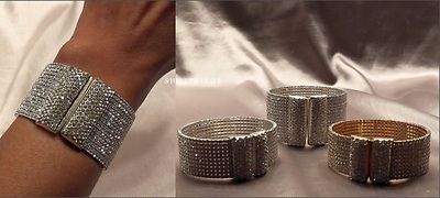 SILVER GOLD PAVE CRYSTAL RHINESTONE FLEXI STRETCH BANGLE CUFF BRACELET NEW