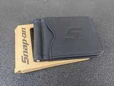 #bj787 Snap On Tools Black Leather Money Clip Bifold Wallet With Wrench Logo
