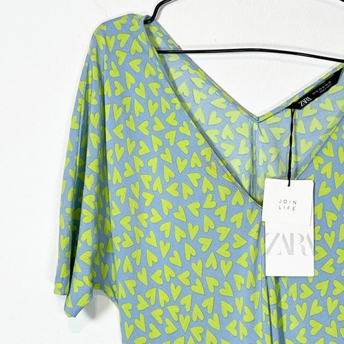 Zara Fit & Flare Knee Length Dress Blue & Green Heart Print Short Sleeve Size XL - Picture 4 of 12