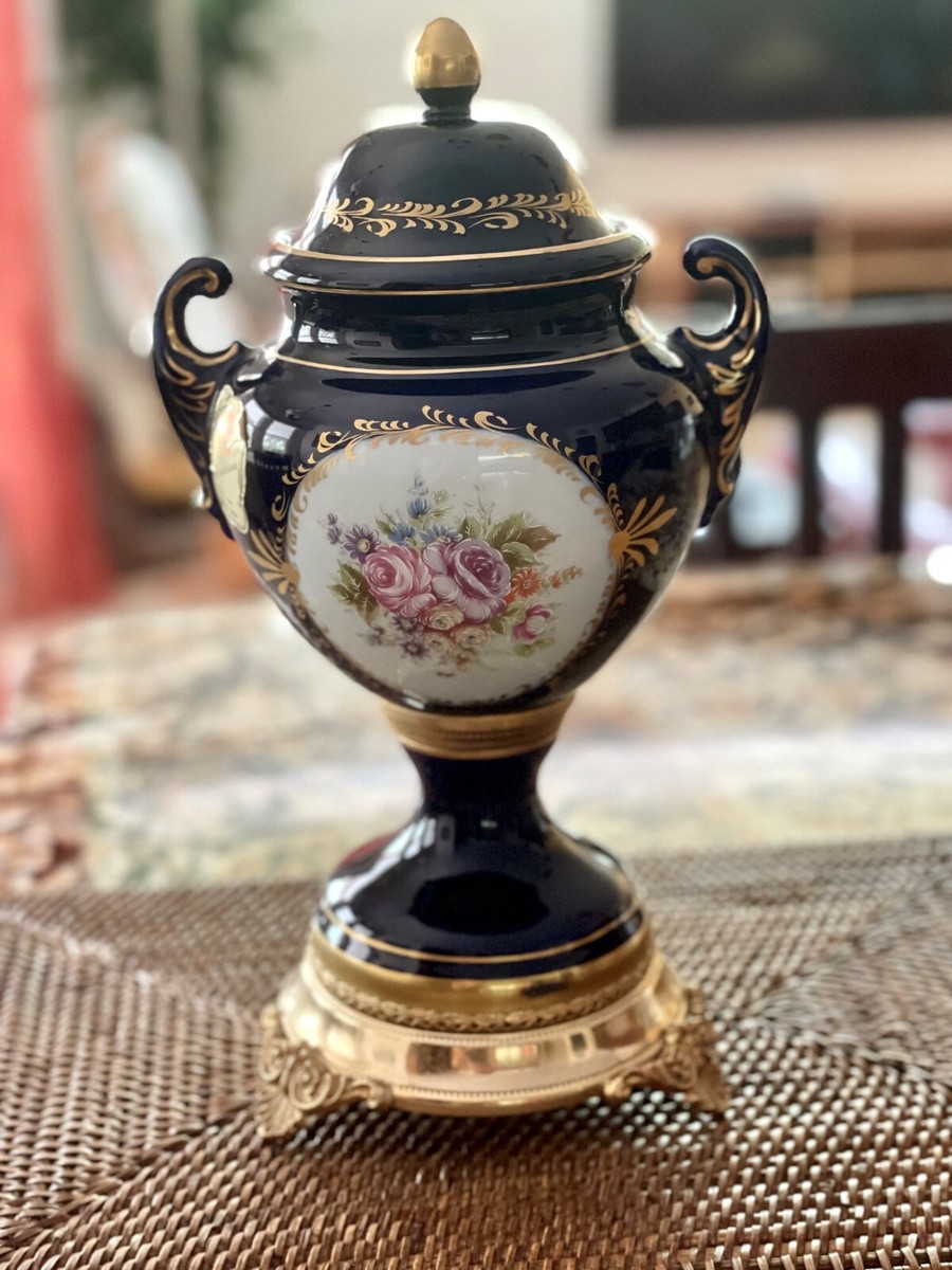 French cobalt blue Limoges porcelain vase/urn with lid 13.5