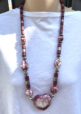 Dark Pink Mauve Artisan Ceramic Long HEART Necklace
