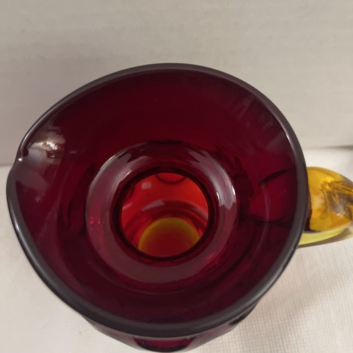 Vintage Ruby Red & Yellow Amberina Inverted Thumbprint Art Glass Pitcher - Picture 2 of 10