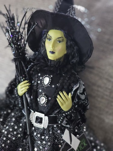 Halloween Witch Broomstick Black Dress Sequins Shelf Sitter Figurine 25” - Picture 20 of 21