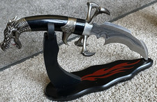 Fantasy Dragon Head Dagger with Display Stand, Metal Handle, Black and Silver