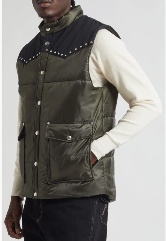 PHIPPS Puffer Vest Men's Size Medium Ranger Green Metallic Studs