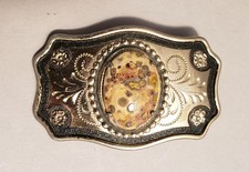 Vintage Western Style Belt Buckle w/Silvertone Metal  Leopardskin Jasper Stone