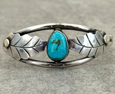 Old Vintage Native American Navajo Turquoise LEAF Sterling Silver Bracelet 6.5in