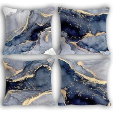 Blue and Gold Pillow Covers, Modern Abstract Marble Texture Blue Gold Print A...