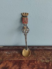 Antique Condiment Spoon "Bruges" Crested Gold & Silver Metal Enamel Details