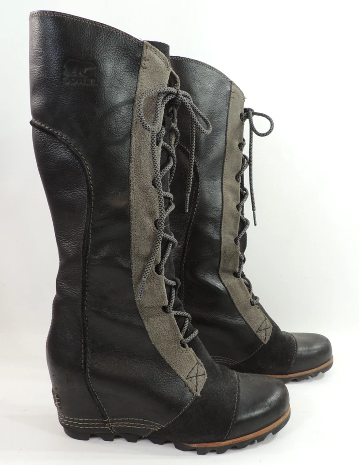 Sorel CATE THE GREAT Botas con Cordones de Cuña Gris Gamuza Cuero Negro Gótico Talla 8.5 Foto 3 de 4