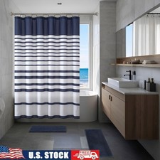 15-Piece Shower Curtain Set W/ Hooks Bath Rugs Navy Stripe Fabric Bathroom Decor