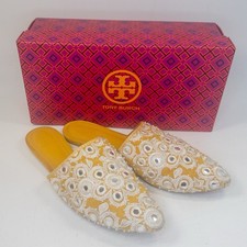TORY BURCH Elora Suede Embellished Flat Mule Slides, India Gold Size 7
