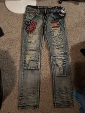 UNK Heritage America NBA Cleveland Cavaliers Distressed Patch Jeans  34 X 34 NWT