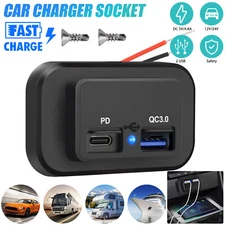 12-24V Dual USB PD & QC3.0 Car Fast Charger Socket LED Power Outlet for Boat RV