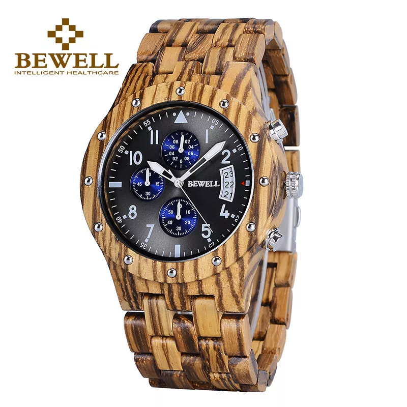 Bewell Wood Watch Men Sub dials Quartz Movement Date Wooden Wrist