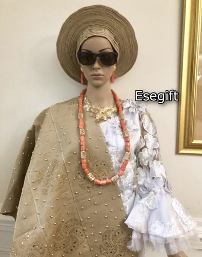 Aso Oke Auto gele with shoulder shawl, Auto Gele With Cover, Brown Auto Gele - Picture 5 of 11