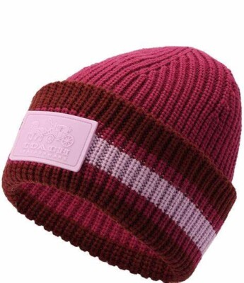 COACH Varsity Stripe Patch Beanie - Deep Plum COACH Varsity Stripe Patch Beanie - Deep Plum Nwt | eBay main image 3