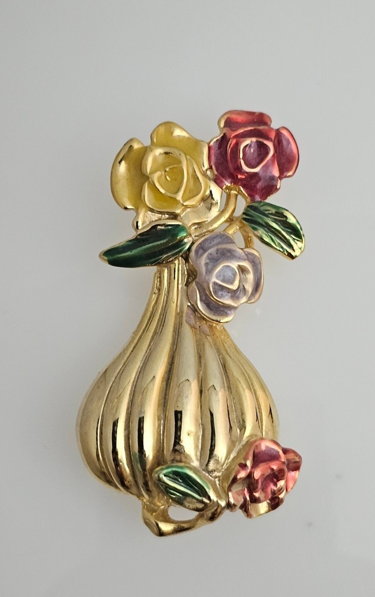 Vintage Vase Enamel flowers Gold Tone Brooch. Row 2071 | eBay