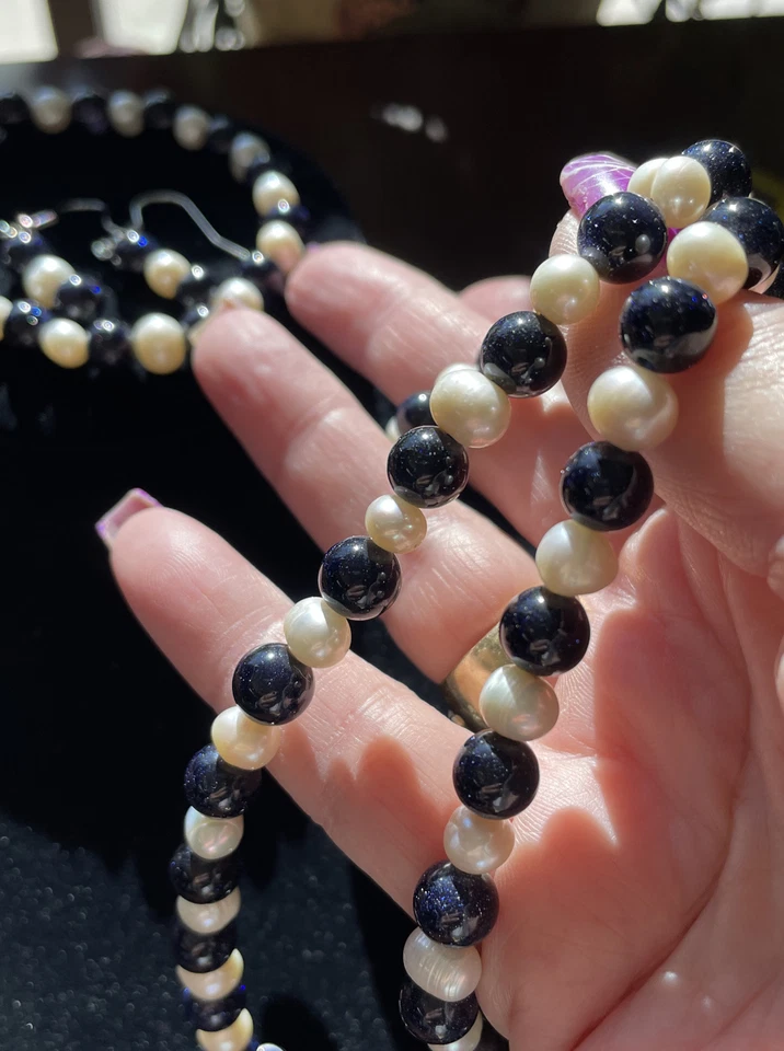 "Juego de aretes pulsera collar perlas y gemas de piedra dorada azul oscuro de 19""" Foto 3 de 4