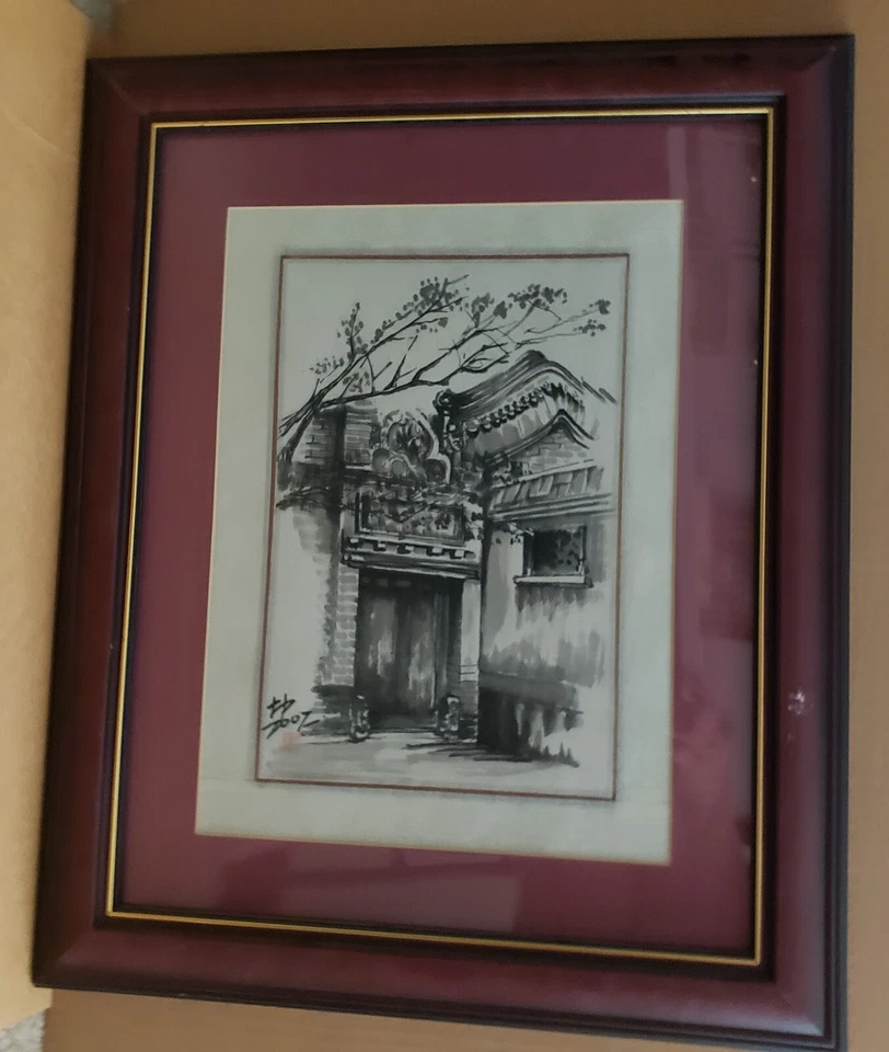 Guache de arte SHI YIU PING original assinado vintage chinês folclórico OUTSIDER EMOLDURADO - Imagem 2 de 4