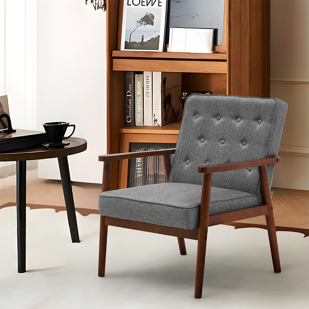 Nordic Linen Fabric Armchair Buttoned Back Scandi Wood Frame Tub