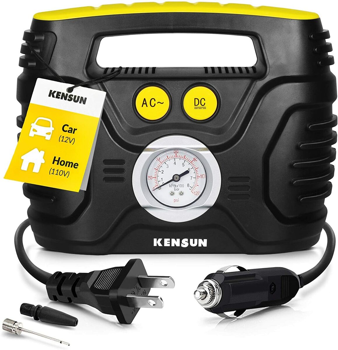 Portable Tire Inflator with Digital Display for Car 12V DC and Home 110V AC - 30 Litres/Min; Max: 100 PSI Portable Tire Inflator with Digital Display for Car 12V DC and Home 110V AC - 30 Litres/Min; Max: 100 PSI