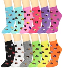 12 Pairs Assorted Color Cat Pattern Women Athletic Sport Ankle Socks 9-11