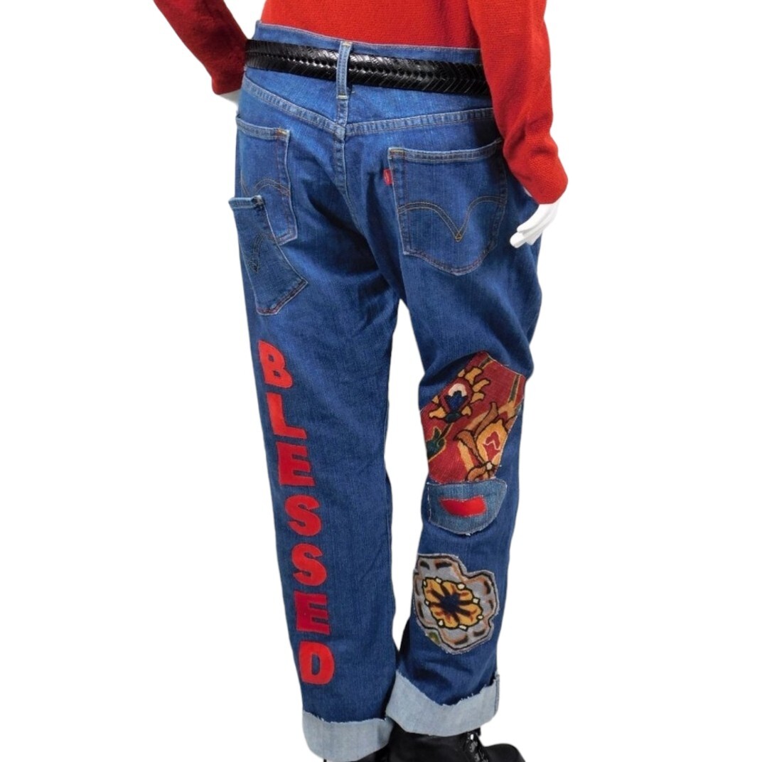 Upcycled Denim Boyfriend Blessed Patchwork Jeans … - image 3