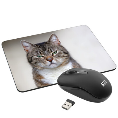 Kabellose optische Funkmaus + Gaming Mauspad mit Design, Cat Katze Kater