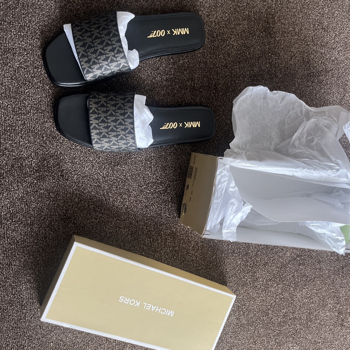 Ladies Sandals Michael Kors Sadler Slide Black Gold MMK 007 Limited Edition  9M 7 | eBay UK