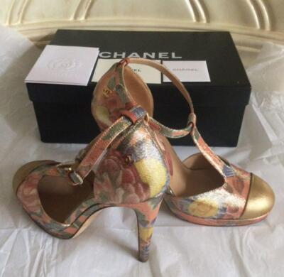 CHANEL Gold CC Logo Flower Pattern Ankle Strap Sandals EUR37 Used