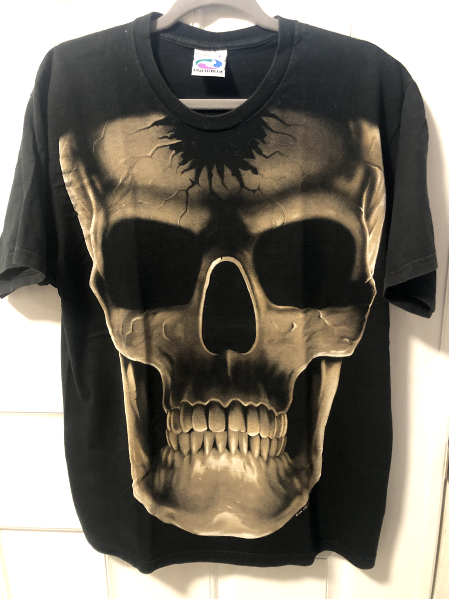 Vintage Liquid Blue Skull Full Print T-Shirt 1999 Size L