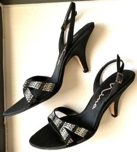 BLACK+ SILVER Rhinestones, 7.5 M (Fits like 7), NINA, Satin Sandals, 3.5” heel