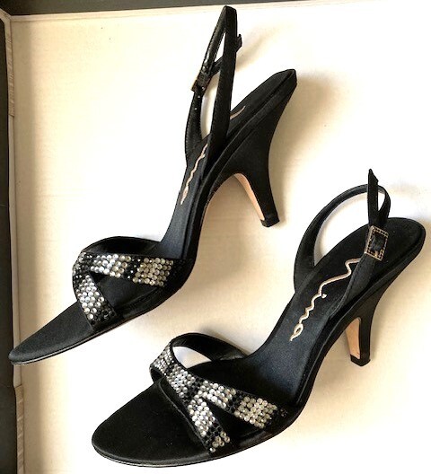 BLACK+ SILVER Rhinestones, 7.5 M (Fits like 7), NINA, Satin Sandals, 3.5” heel