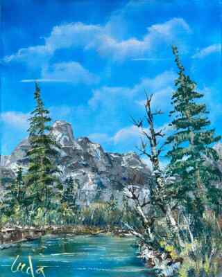 Nature Forest Landscape Pine Trees, River & Mountain Oil Painting Canvas 20x16in