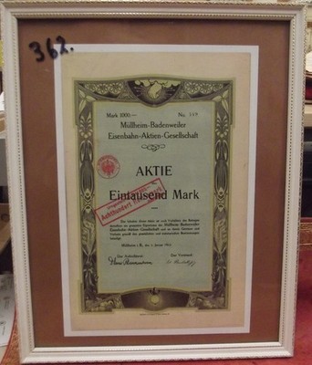 Bild Nr. 362, Abbildung e. Aktie, Müllheim-Badenweiler, Eisenbahn AG, 1913