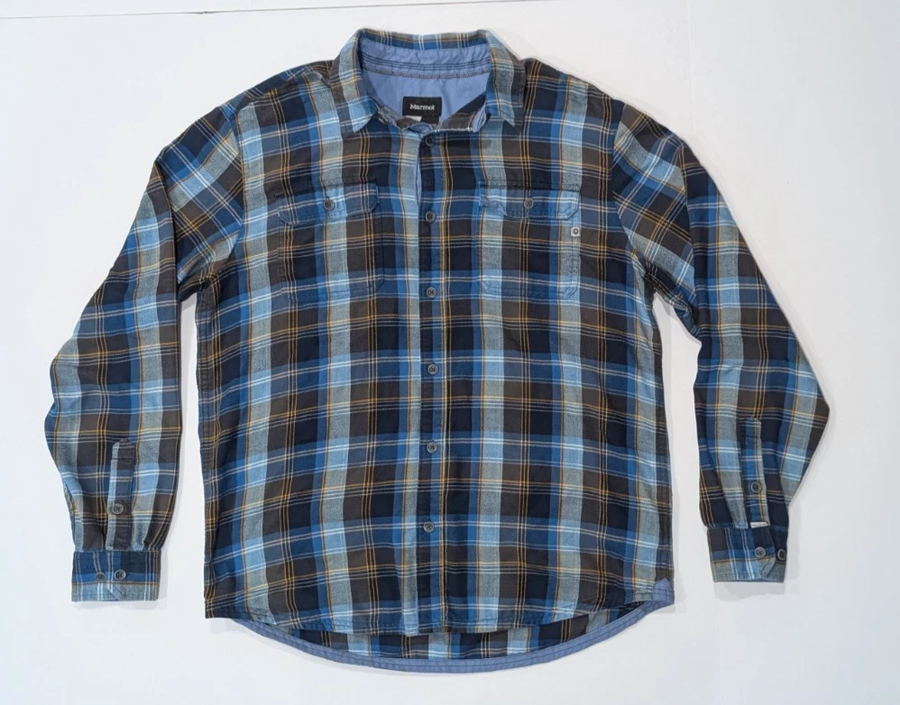 Marmot Flannel Shirt Men's L Blue Plaid Mountain Outdoor Hiking Ships Free