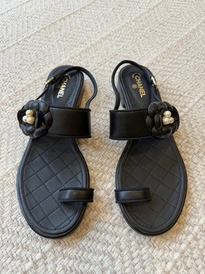 CHANEL Black Quilted Flower Pearl Leather Strappy Sandals Women's