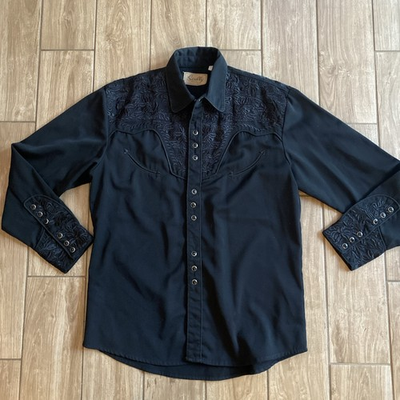 #ad #ad Scully Shirt Mens Medium Pearl Snap Gun Fighter Jet Black Smile Pockets $99.99