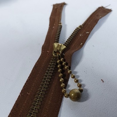 Vintage TALON Ball & Chain Brass Zipper Pull Brown Cotton 28   USA RARE