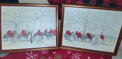 Vintage Folk Art Winter Horse Procession Paintings W.G. Robinson 1985   Matching
