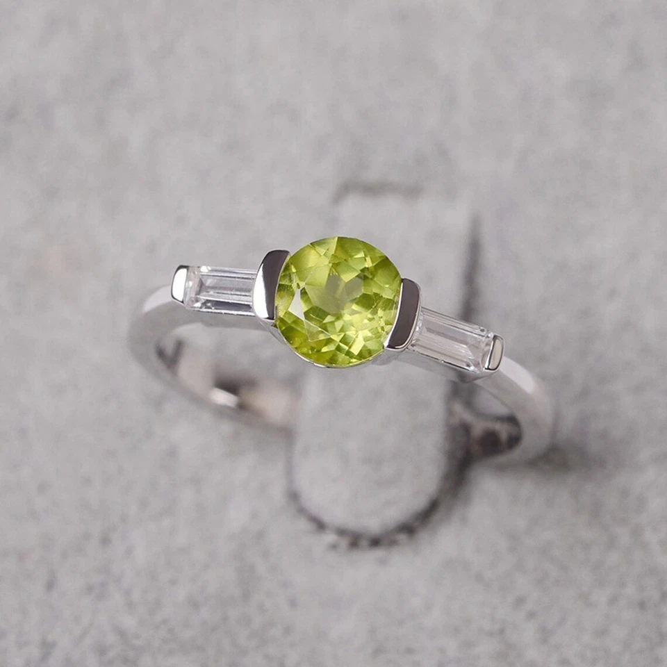 925 Sterling Silver Three Stone Peridot Ring Natural Round Gemstone Women Ring - Image 2 of 4