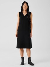 Eileen Fisher Boiled Wool Jersey V-Neck Shift Dress, Calf Length Black Small