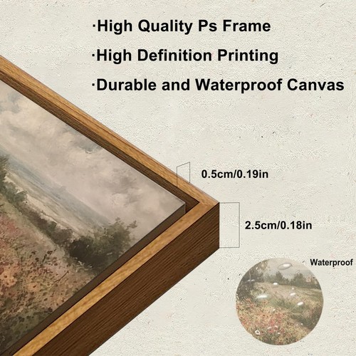 Framed Canvas Wall Art for Living Room, Vintage Countryside Wildflower Field ... - Picture 3 of 9